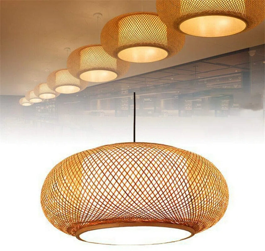 Welty Rustic Hand-Woven Bamboo Rattan Pendant Light, Narural Bamboo Lantern Pendant Cage