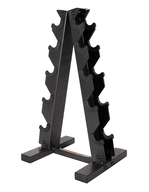 Load image into Gallery viewer, a Frame-Style Dumbbell Stand, Black (Holds 5 Pairs)
