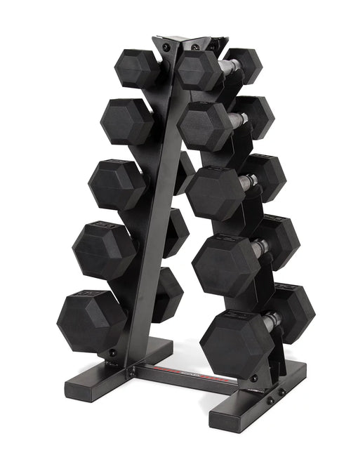 Load image into Gallery viewer, a Frame-Style Dumbbell Stand, Black (Holds 5 Pairs)
