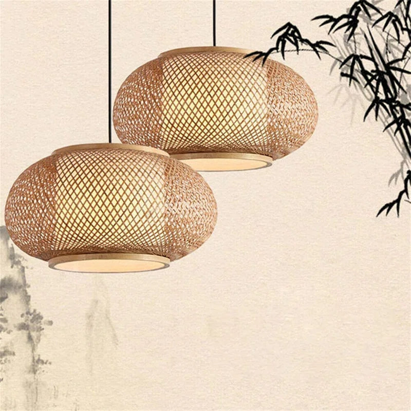 Welty Rustic Hand-Woven Bamboo Rattan Pendant Light, Narural Bamboo Lantern Pendant Cage