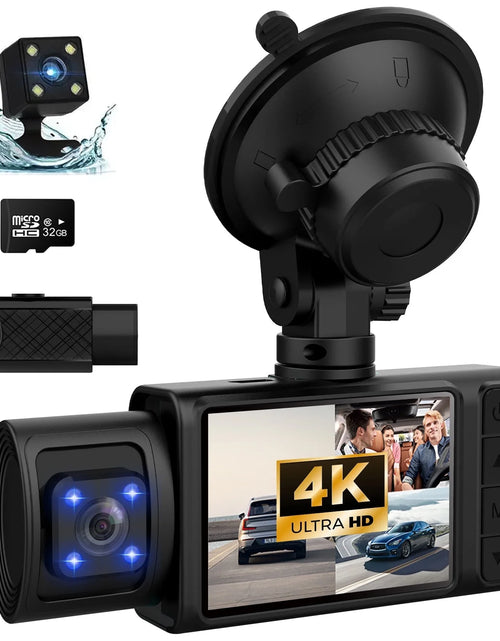 Load image into Gallery viewer, Dash Cam, 3 Channel Dash Cam, 4K+1080P Dash Cam Front and Inside, Triple Dash Cam for Car, Dash Camera with 32GB Card, 2160P Full UHD, G-Sensor, 170°Deg Wide Angle Dashboard with Infrared Night Vision
