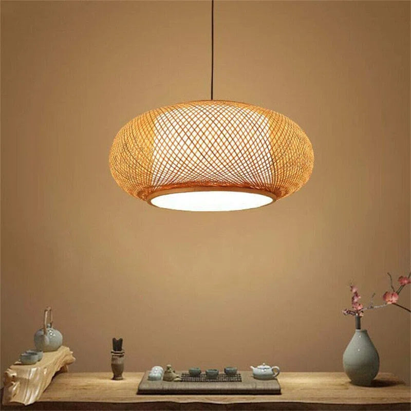 Welty Rustic Hand-Woven Bamboo Rattan Pendant Light, Narural Bamboo Lantern Pendant Cage