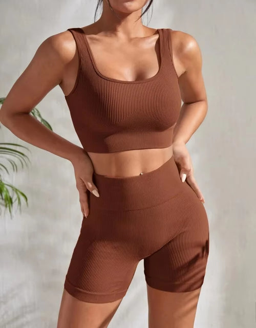 Load image into Gallery viewer, Seamless Ribbed Yoga Sets Workout Sets for Women 2 Pieces Gym Suits Ribbed Crop Tank High Waist Shorts Outfits Fitness Running
