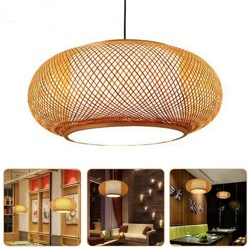 Welty Rustic Hand-Woven Bamboo Rattan Pendant Light, Narural Bamboo Lantern Pendant Cage