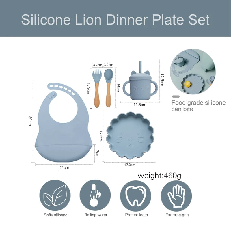 Baby Silicone Feeding Tableware Sets Waterproof Baby Cartoon Lion Dinner Plate Food Grade Silicone Dishes for Baby Tableware