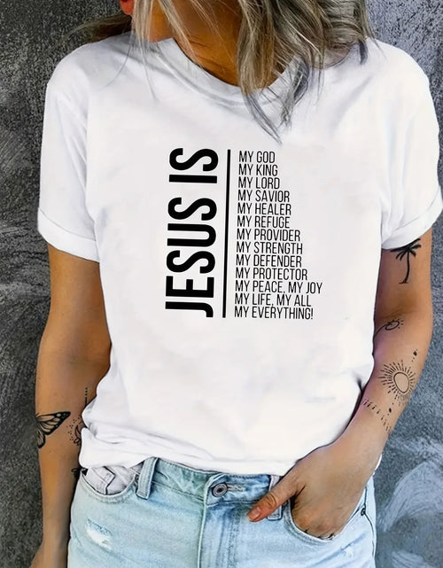 Load image into Gallery viewer, Jesus Is Print Faith Graphic Harajuku T-Shirt, Short Sleeve Crew Neck Casual Top for Spring &amp; Summer, Women&#39;S Clothing
