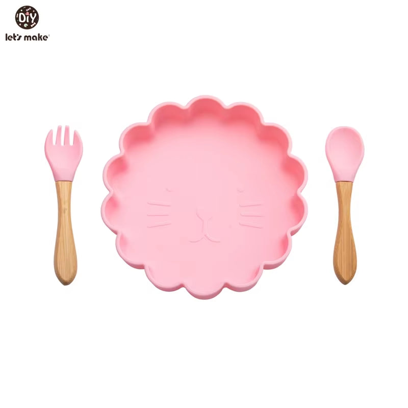 Baby Silicone Feeding Tableware Sets Waterproof Baby Cartoon Lion Dinner Plate Food Grade Silicone Dishes for Baby Tableware