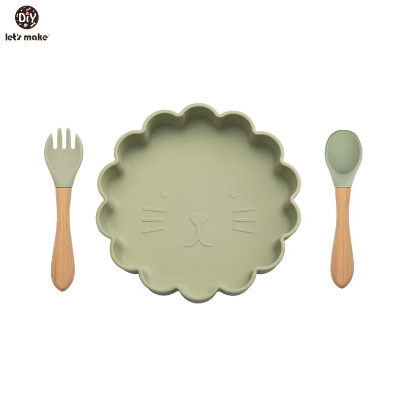 Baby Silicone Feeding Tableware Sets Waterproof Baby Cartoon Lion Dinner Plate Food Grade Silicone Dishes for Baby Tableware